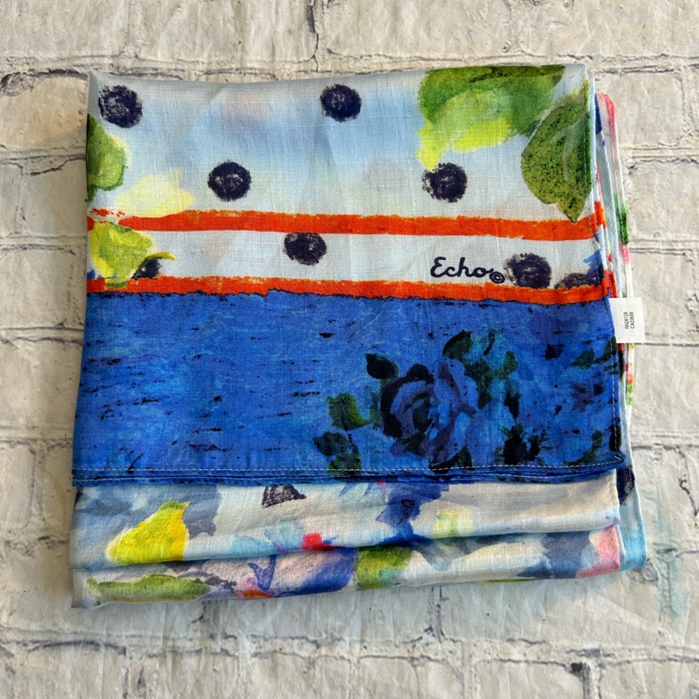 ECHO FLORAL WATER COLOR RECTANGLE OBLONG MULTI COLORED SCARF O/S INDIA MADE